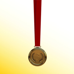 Vector gold medal with a red ribbon isolated on a yellow and white background.