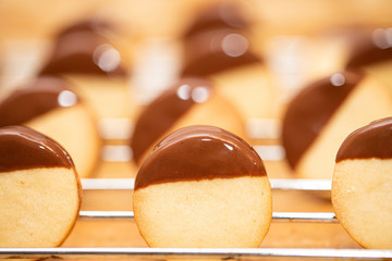 round cookies with chocolate after baking
