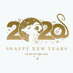 Beautiful New Year card with the symbol of 2020 Rat. Charming white mouse and snowflakes. Vector element for New Year's design. 