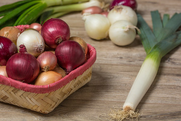 Variety of onions. In the frame, onions, leeks, shallots, white, sweet red, yellow onions, green onions.