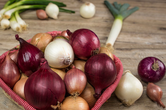 Variety of onions. In the frame, onions, leeks, shallots, white, sweet red, yellow onions, green onions.