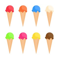 Ice cream variety collection. Cone waffle ice cream. Chocolate, vanilla dessert. Vector illustration