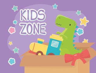 kids zone, filled box train and green dinosaur toys