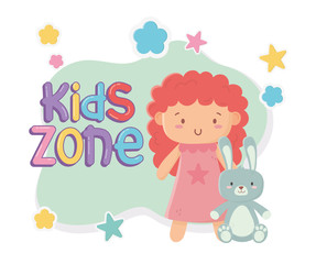 kids zone, cute little doll and rabbit toys