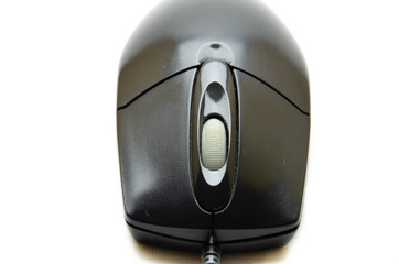 Wired black office mouse for the computer. Mouse to control. Computer peripherals on a white...