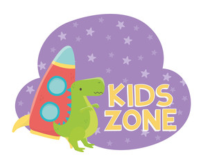 kids zone, plastic rocket and green dinosaur toys