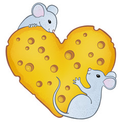 On a cheese heart, two cute mice look at each other.