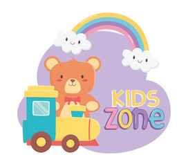 kids zone, teddy bear and plastic train toys