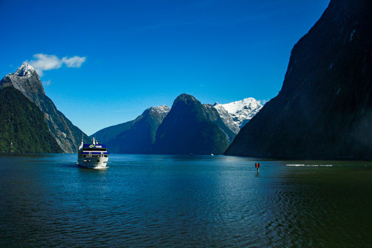 Boat in Milford Sound on New Zealand's South Island