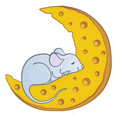 Cute mouse sleeping on half moon made of cheese.