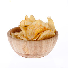 fries in wooden cup on white background