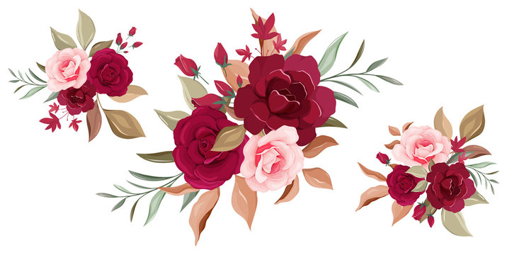 Flowers bouquets vector. Floral decoration illustration of red and peach rose flowers, leaves, branches. Botanic elements for wedding or greeting card design