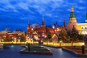 New Year Moscow, the festival "Journey to Christmas". Manezhnaya square at night. Russia