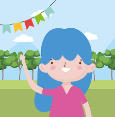 happy childrens day, international celebration bunting decoration cute little girl trees grass