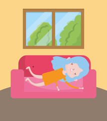 childrens day, little girl resting in the sofa