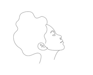 Side view portrait of a woman’s face, line drawing vector illustration