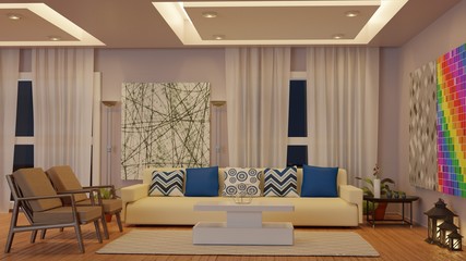 Modern Living Room (Night Version) - 3d Rendering
