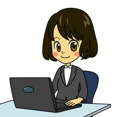 まんがふつう女子パソコンの前でニッコリ