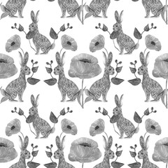 Cotton fabric Forest animals and plants seamless pattern. Hare, flowers poppies. Hand drawing . monochrome illustration on a white background. vintage style, easter. Design prints, fabric