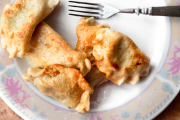 Fried dumplings and fork on a plate.