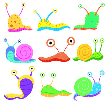 A Collection of Cartoon Slugs and Snails Simple Vector Illustrations