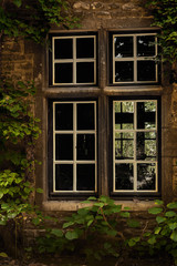 traditional vintage wooden window in original stone house, window, stone wall and ivy, 