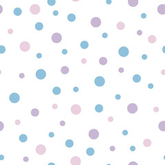Vector seamless pattern pastel rainbow with purple, pink, blue polka dots and white background