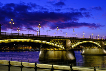 Fototapeta na wymiar Margaret or Margit bridge in Budapest, Hungary at night