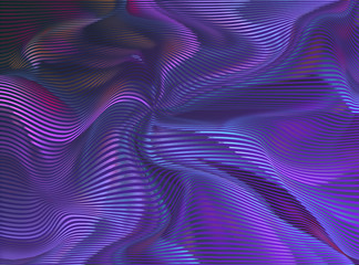 Vector warped lines purple background. Modern abstract creative backdrop with multicolor variable width stripes. Twisted stripes optical illusion. Moire waves.