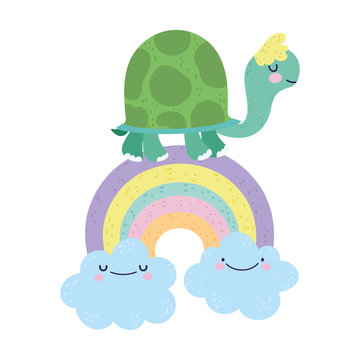 baby shower cute turtle on rainbow with clouds cartoon