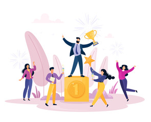 Business team rejoices in success and victory, triumph. Achievement and success of a friendly team. Vector illustration in cartoon flat style. Business victory concept.