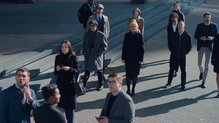 Multicultural Diverse Office Managers and Business People Suddenly Stop on the Street and Look Up. Unbelievable, Fantastic or Tragic Event Happening Live. 