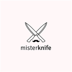 mister knife logo,Vintage Retro line art kitchen Knife with mustache Logo Design