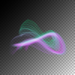 Vector magic glowing swirl trail transparent light effect. Bright shine wavy element for your design.