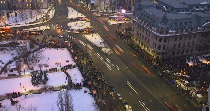 BUCHAREST, ROMANIA - JANUARY 29,2017: Romanians protest against Amnesty and Pardon law claiming it would help government allies convicted of corruption Time lapse of 50000 people occupying city center