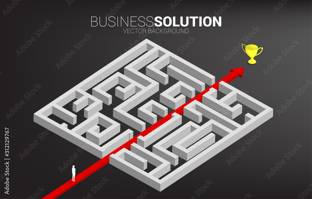 Poster businessman standing on red arrow route break out of maze to champion trophy. business concept for p