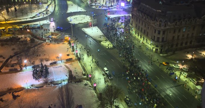 BUCHAREST, ROMANIA - JANUARY 29,2017: Romanians protest against Amnesty and Pardon law claiming it would help government allies convicted of corruption Time lapse of 50000 people occupying city center