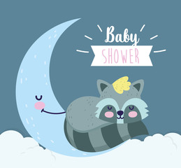 baby shower cute raccoon sleeping on half moon