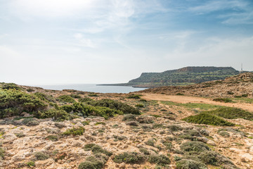 Overlook of Mediterranean sea shore and bay