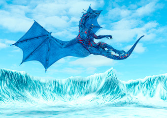 blue ice dragon falling on frozen land