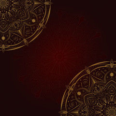 Gold vintage greeting card on a black background. Mandala. Great for invitation, flyer, menu, brochure, postcard, wallpaper, decoration, or any desired idea.