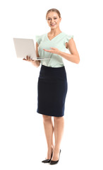 Female real estate agent with laptop on white background