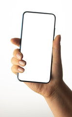 Hand holding black Smartphone with blank screen on white background