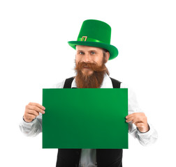 Bearded man with blank poster on white background. St. Patrick's Day celebration