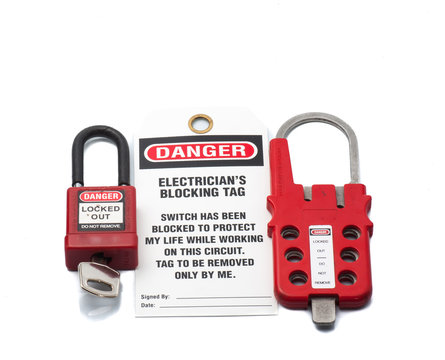 Tag Out Danger Label with Red padlock and Hasp