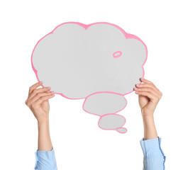 Female hands with blank speech bubble on white background