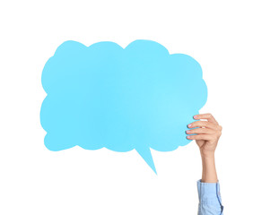Female hand with blank speech bubble on white background