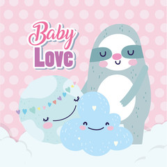 baby shower cute sloth world hearts love cloud cartoon