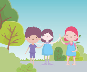 happy childrens day group little girls and boy holding hands in road