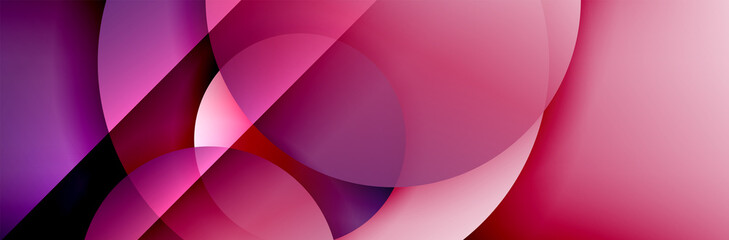 Dynamic trendy geometrical abstract background. Circles, round shapes 3d shadow effects and fluid gradients. Modern overlapping round forms